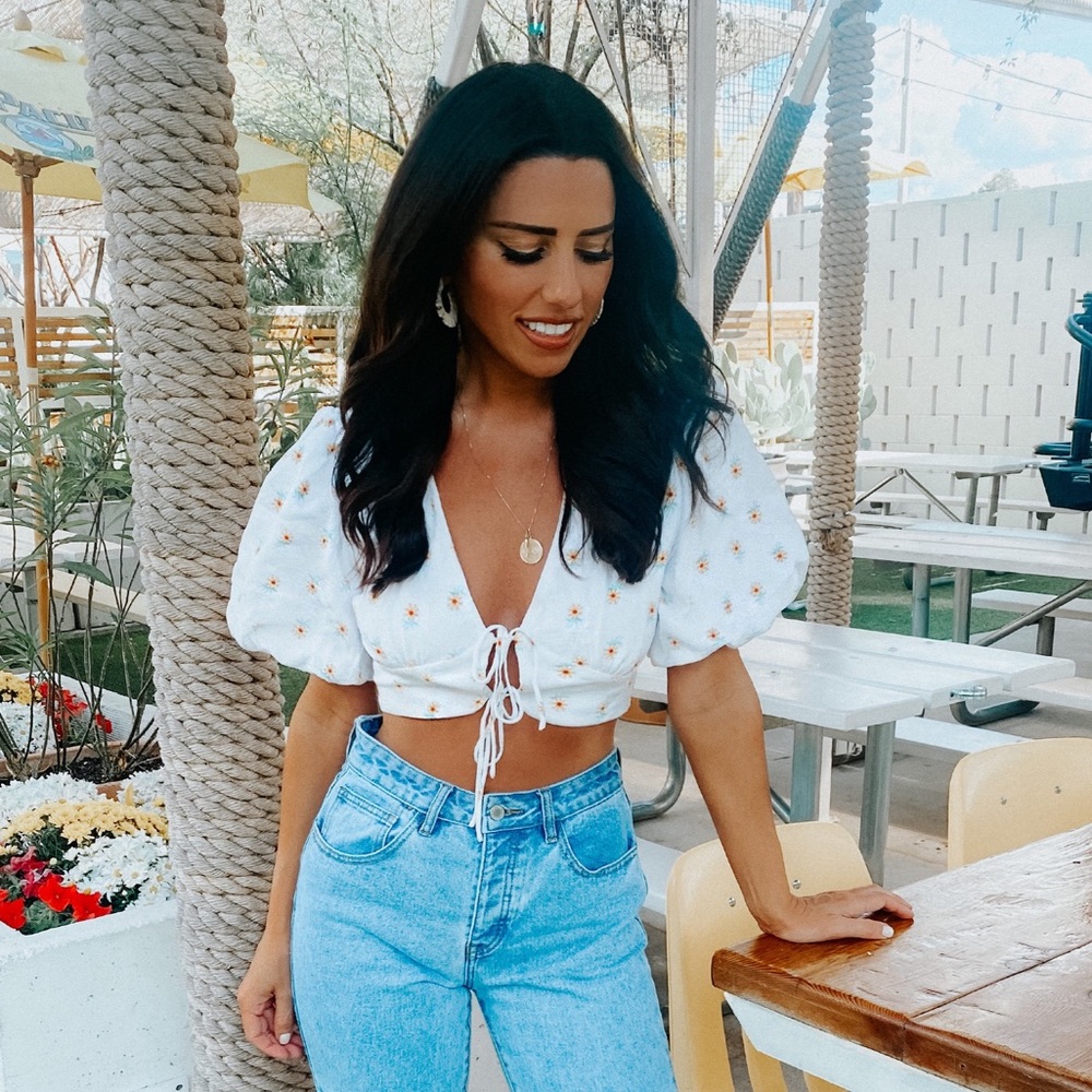 ASOS White Puff-Sleeve Tie-Front Crop Top with Yellow Floral Dots
